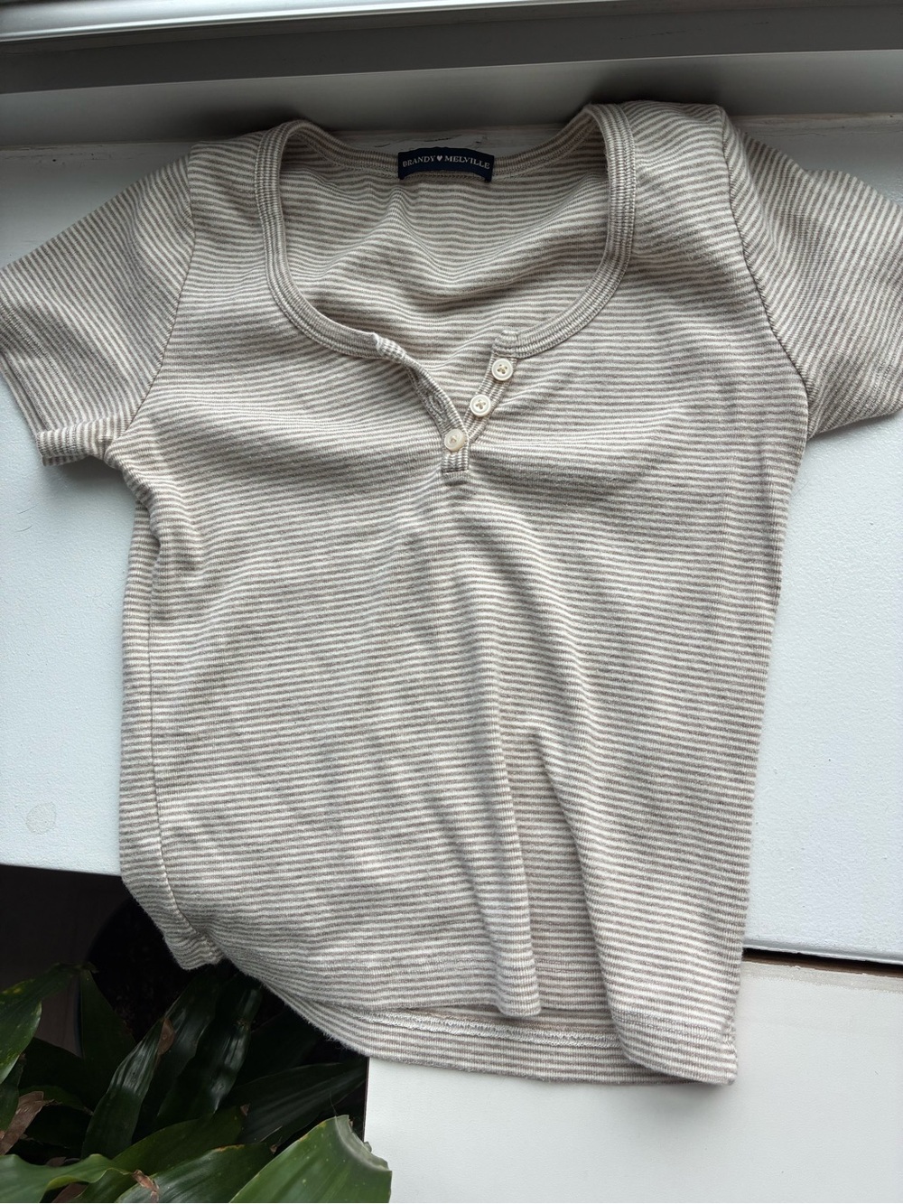 Brandy Melville teens Cream & Beige Striped Henley Tee